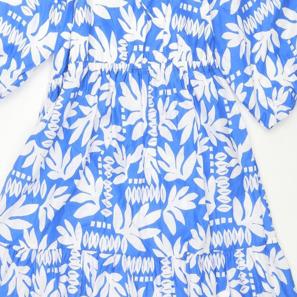 Marks and Spencer Womens Blue Geometric Cotton A-Line Size 12 Scoop Neck Pullover