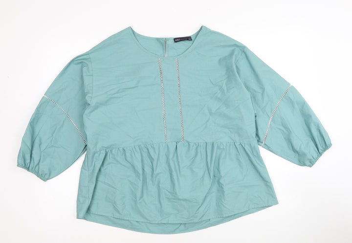 Marks and Spencer Womens Blue Cotton Basic Blouse Size 12 Scoop Neck - Smock