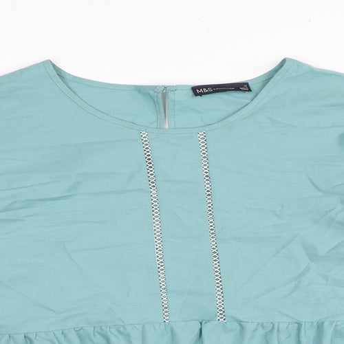 Marks and Spencer Womens Blue Cotton Basic Blouse Size 12 Scoop Neck - Smock