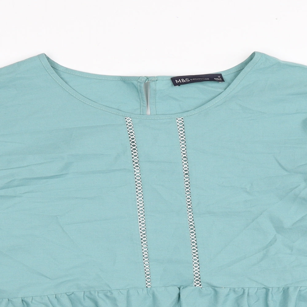 Marks and Spencer Womens Blue Cotton Basic Blouse Size 12 Scoop Neck - Smock