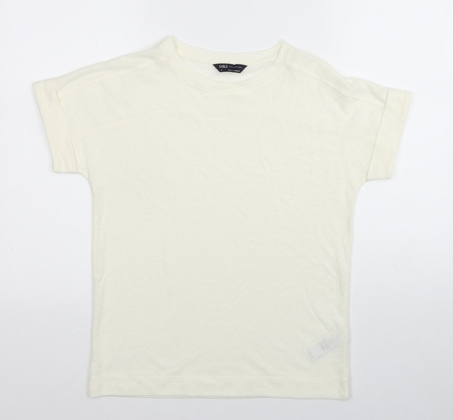 Marks and Spencer Womens Ivory Linen Basic T-Shirt Size 6 Scoop Neck
