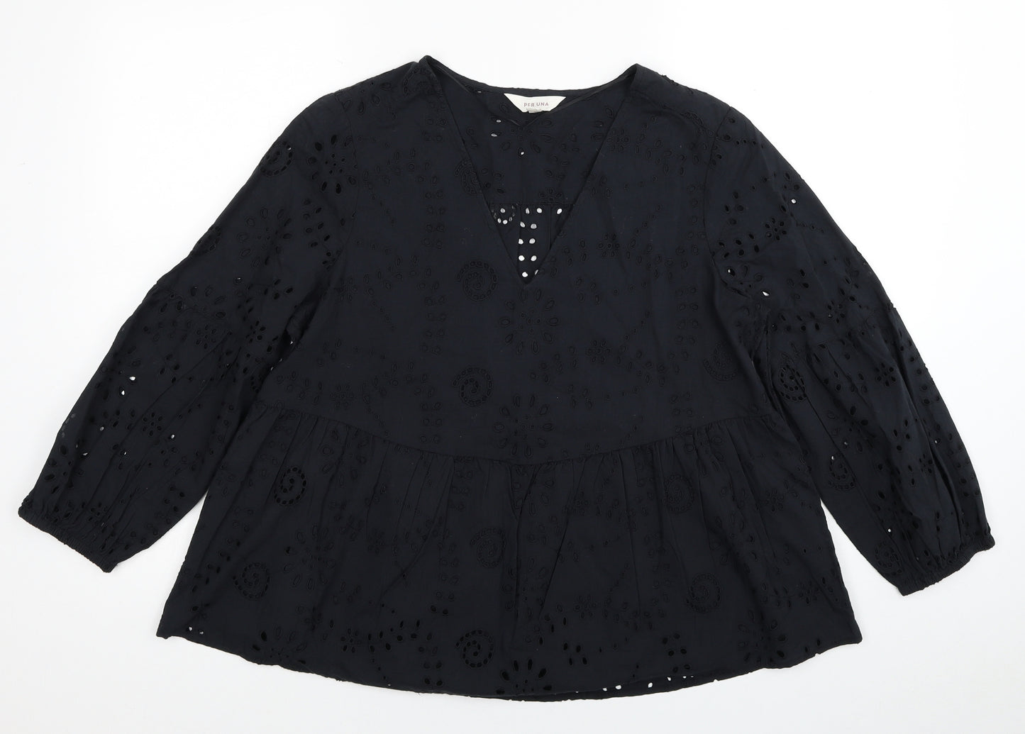Per Una Womens Black Geometric Cotton Basic Blouse Size 10 V-Neck - Broderie Anglaise Details
