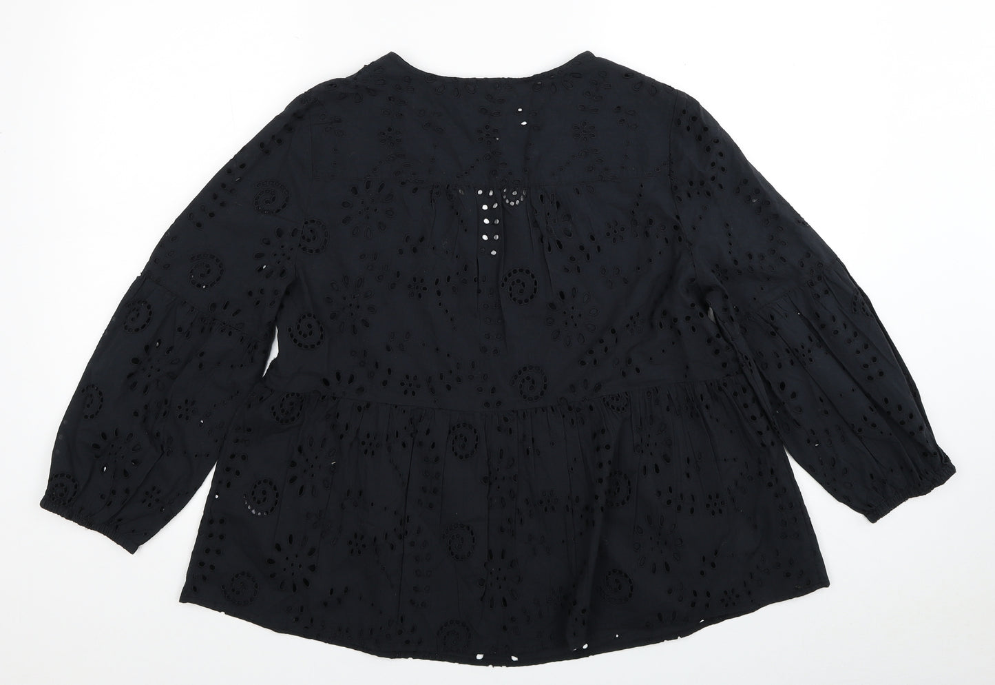 Per Una Womens Black Geometric Cotton Basic Blouse Size 10 V-Neck - Broderie Anglaise Details