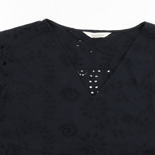 Per Una Womens Black Geometric Cotton Basic Blouse Size 10 V-Neck - Broderie Anglaise Details