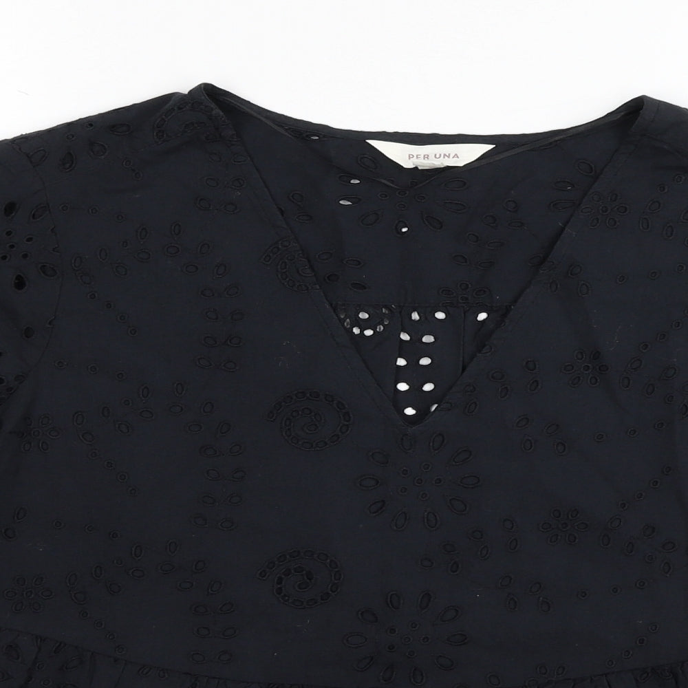 Per Una Womens Black Geometric Cotton Basic Blouse Size 10 V-Neck - Broderie Anglaise Details
