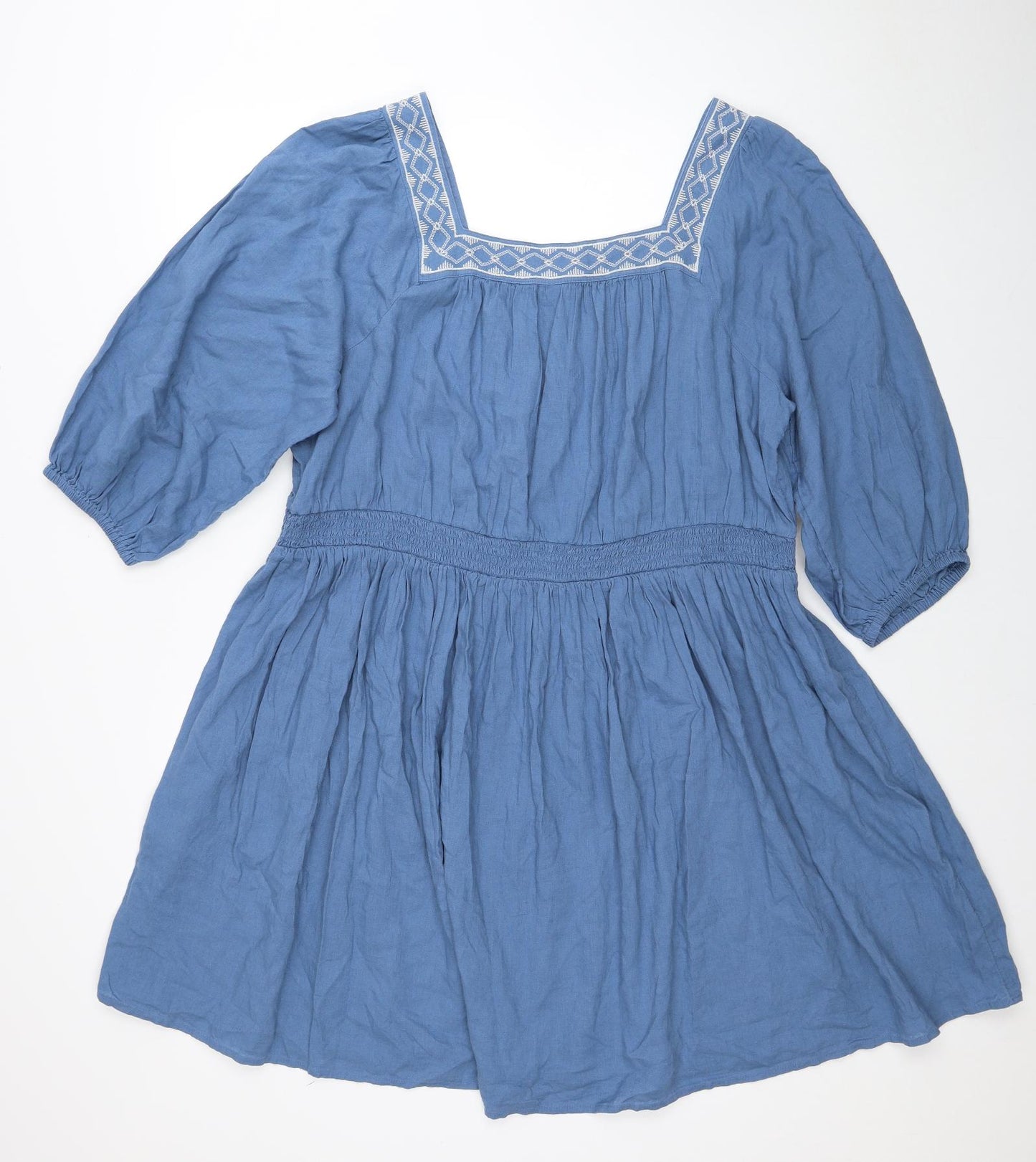 Marks and Spencer Womens Blue Linen Trapeze & Swing Size 20 Square Neck Pullover - Shirred Waist