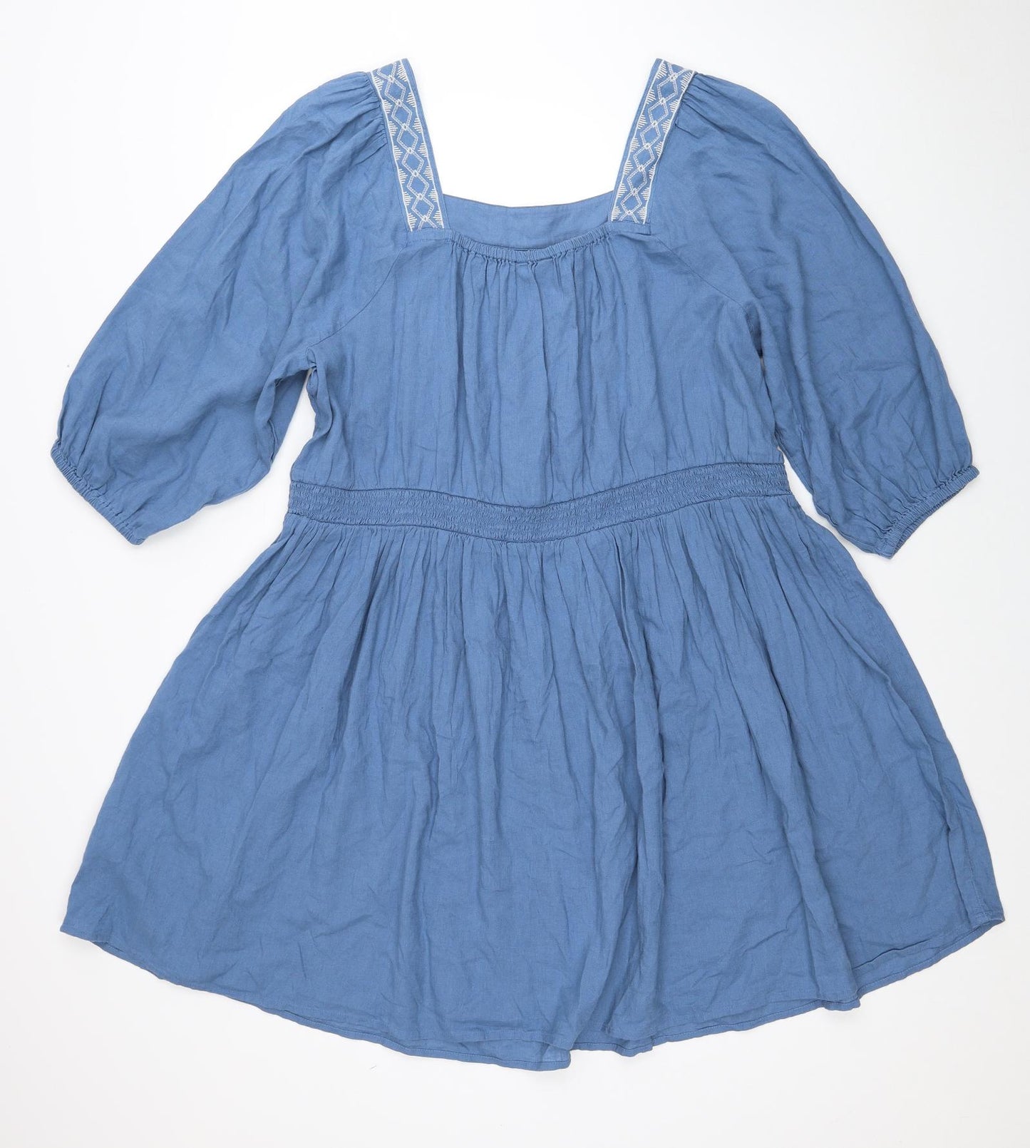 Marks and Spencer Womens Blue Linen Trapeze & Swing Size 20 Square Neck Pullover - Shirred Waist