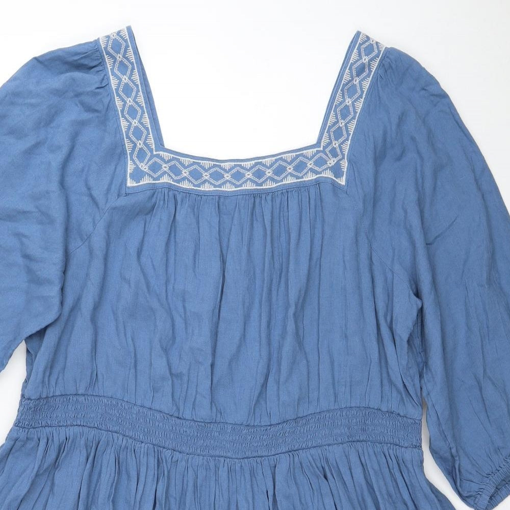 Marks and Spencer Womens Blue Linen Trapeze & Swing Size 20 Square Neck Pullover - Shirred Waist
