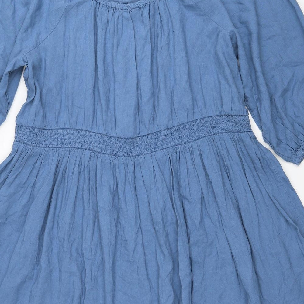 Marks and Spencer Womens Blue Linen Trapeze & Swing Size 20 Square Neck Pullover - Shirred Waist