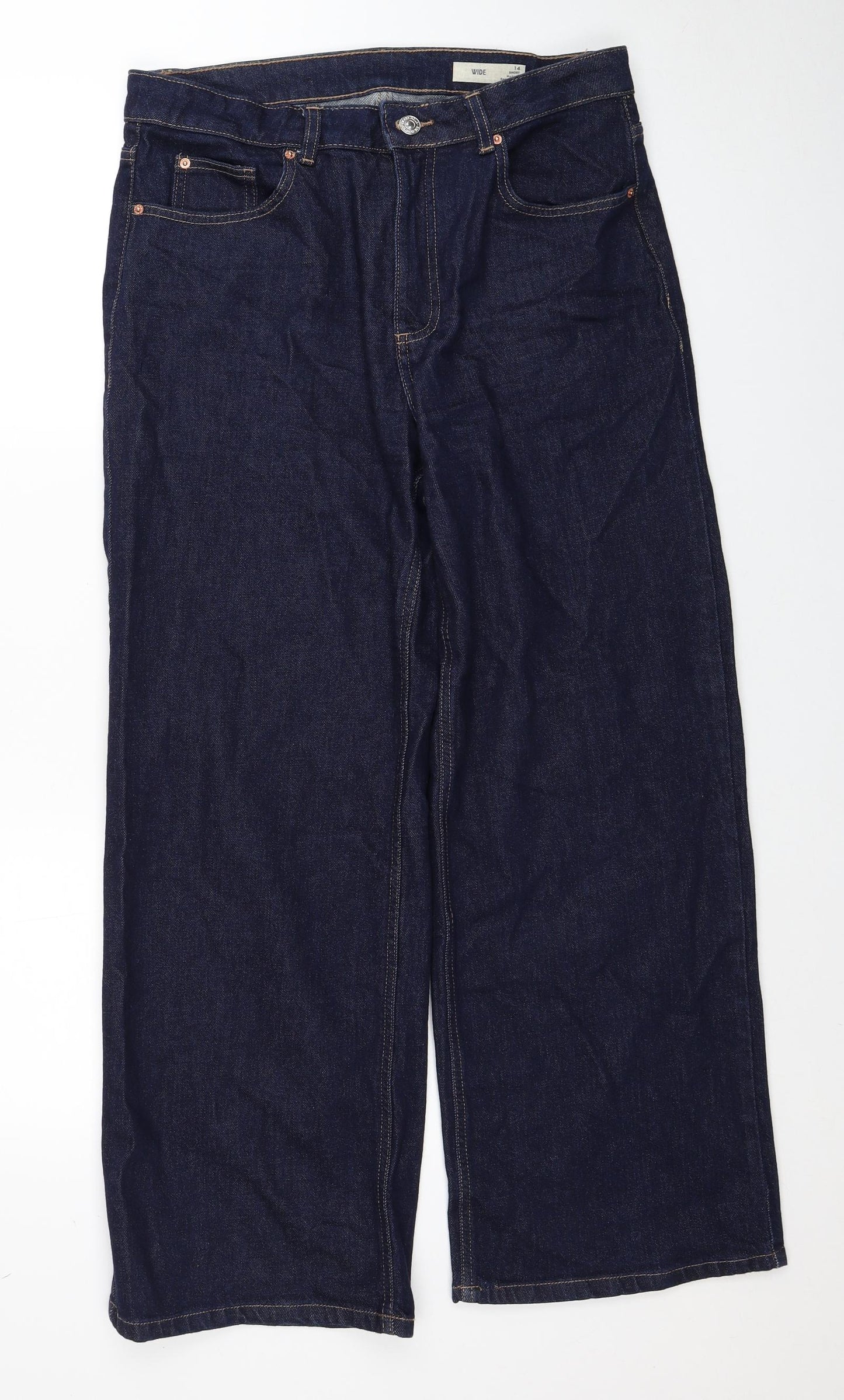 Marks and Spencer Womens Blue Cotton Wide-Leg Jeans Size 14 Regular Zip - Short Length