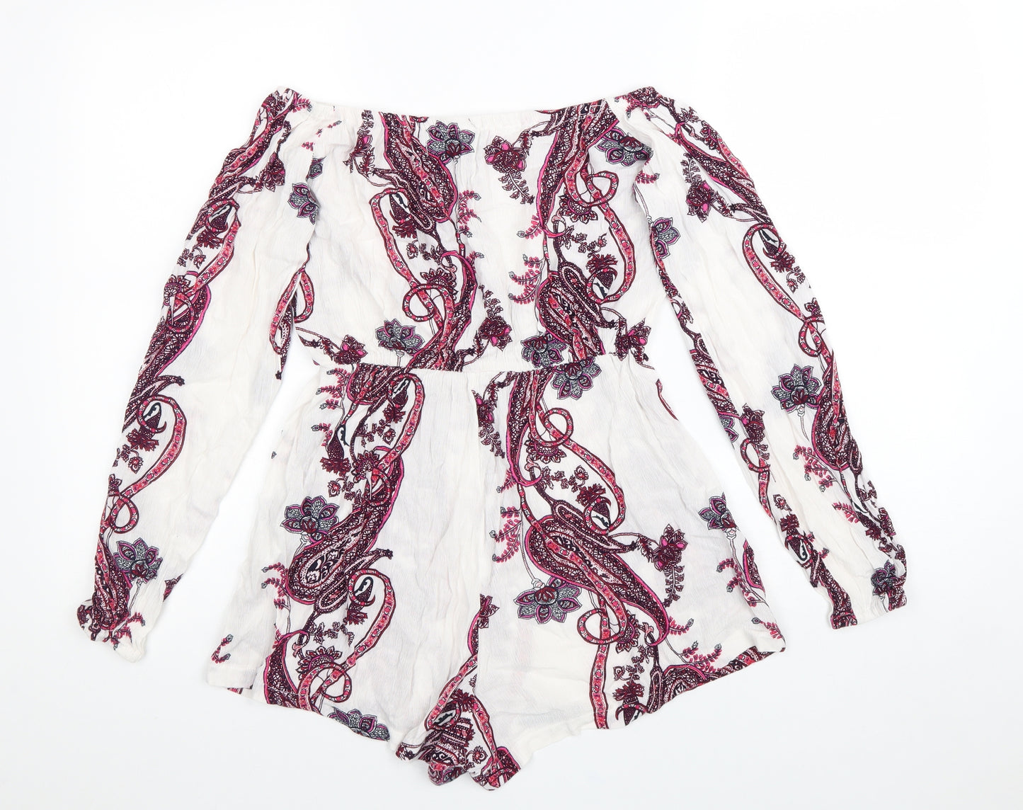 PRETTYLITTLETHING Womens White Paisley Viscose Playsuit One-Piece Size 6 Pullover