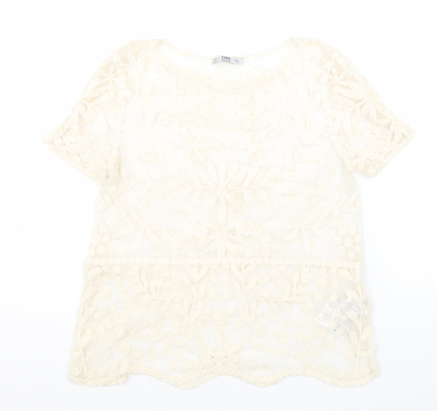 Zara Womens Beige Floral Cotton Basic Blouse Size S Boat Neck