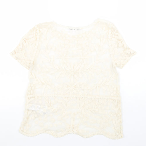 Zara Womens Beige Floral Cotton Basic Blouse Size S Boat Neck