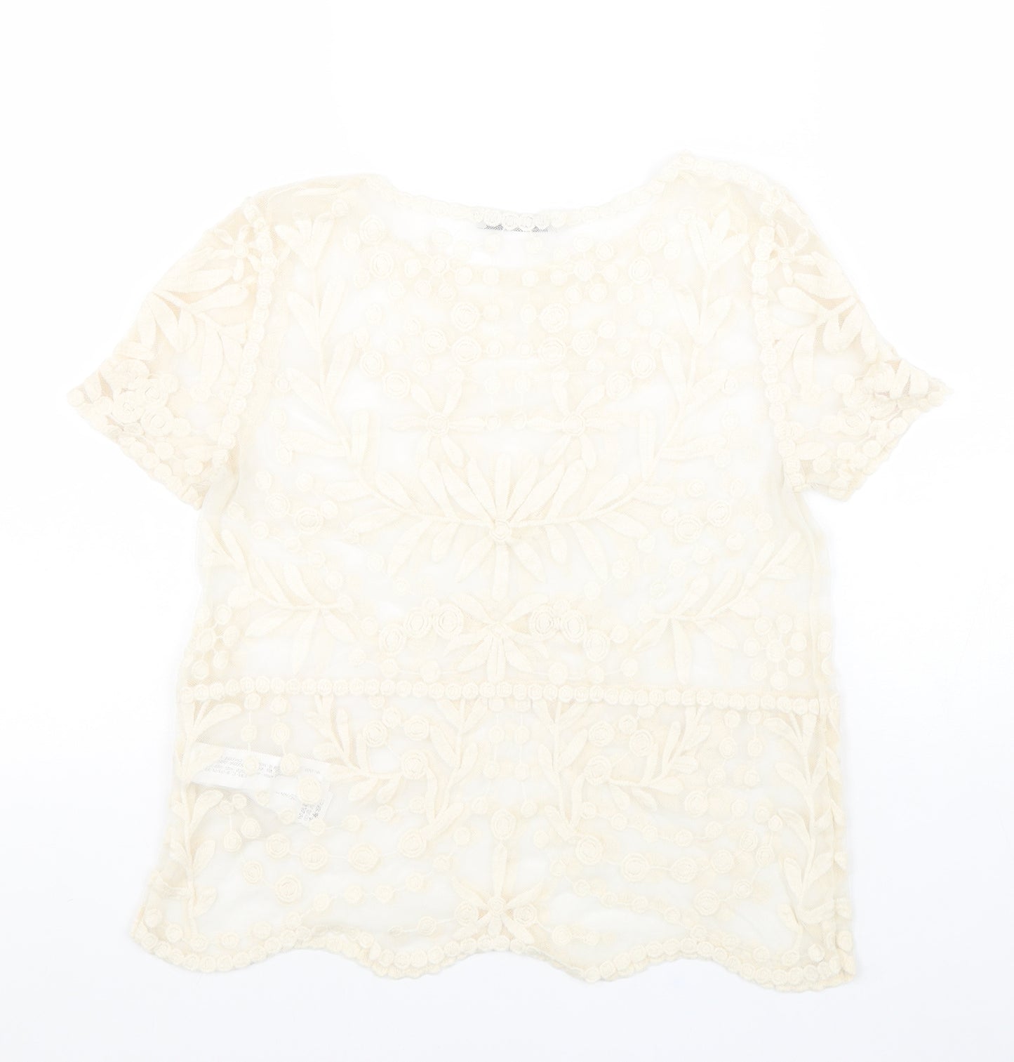Zara Womens Beige Floral Cotton Basic Blouse Size S Boat Neck