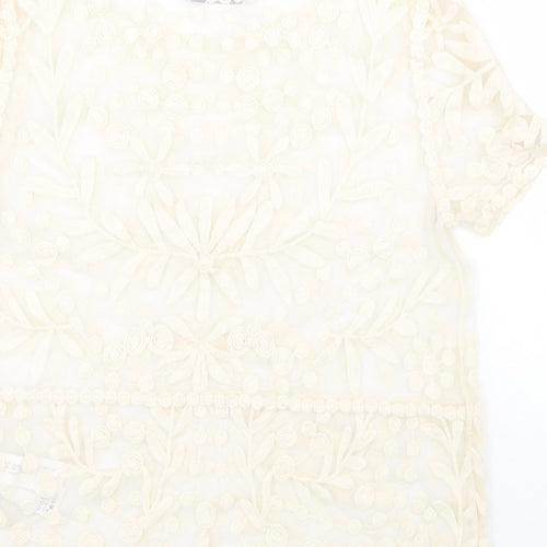 Zara Womens Beige Floral Cotton Basic Blouse Size S Boat Neck