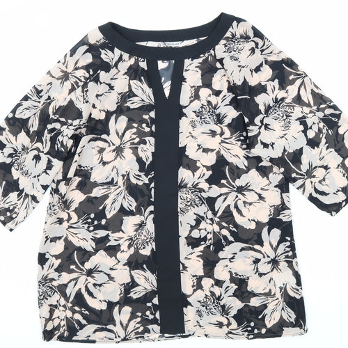 Damart Womens Black Floral Polyester Tunic Blouse Size 14 Boat Neck