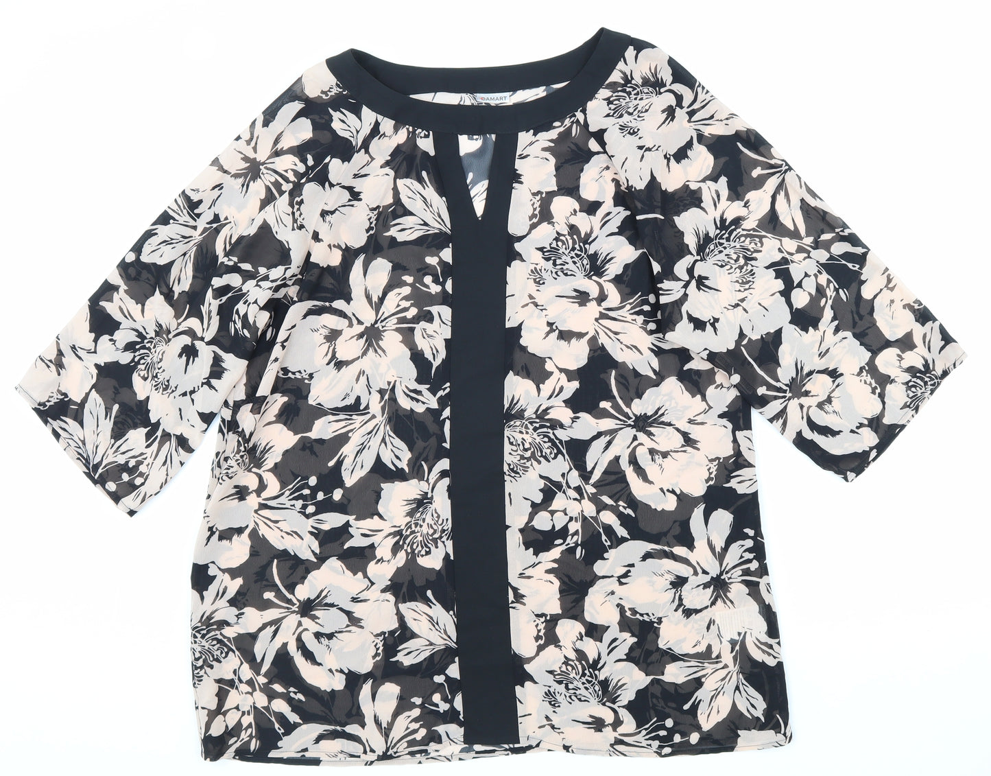 Damart Womens Black Floral Polyester Tunic Blouse Size 14 Boat Neck