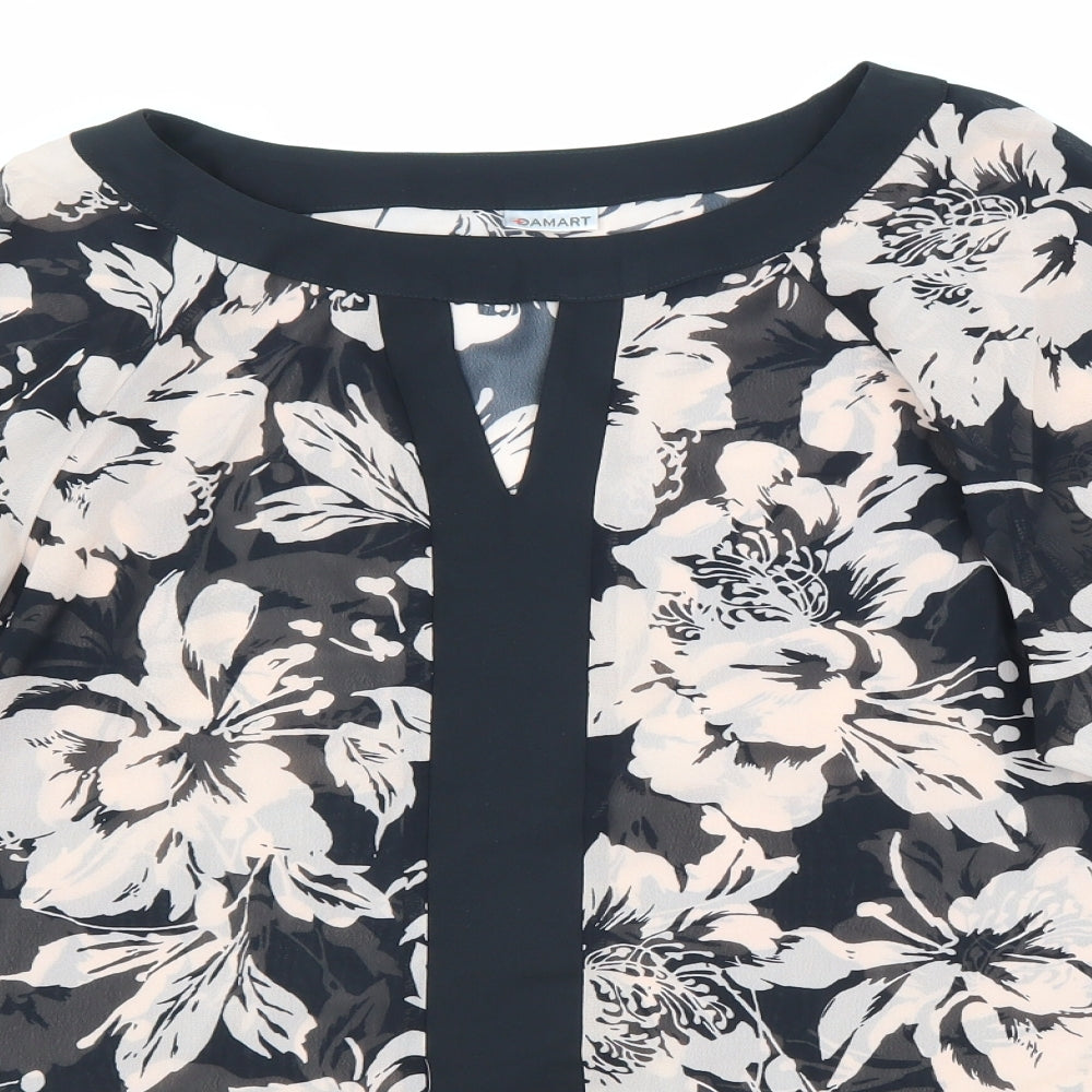 Damart Womens Black Floral Polyester Tunic Blouse Size 14 Boat Neck