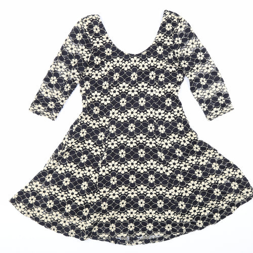 Izabel Womens Black Floral Polyester Skater Dress Size 8 Scoop Neck Pullover
