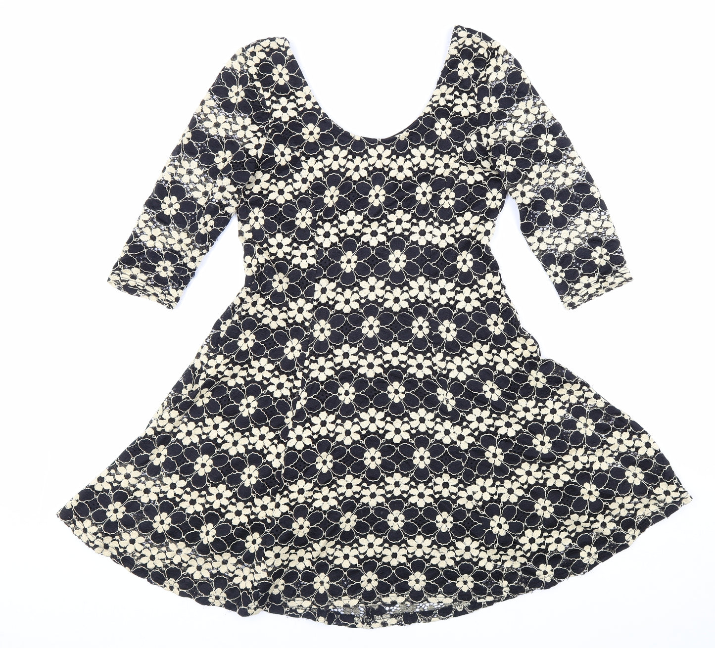Izabel Womens Black Floral Polyester Skater Dress Size 8 Scoop Neck Pullover