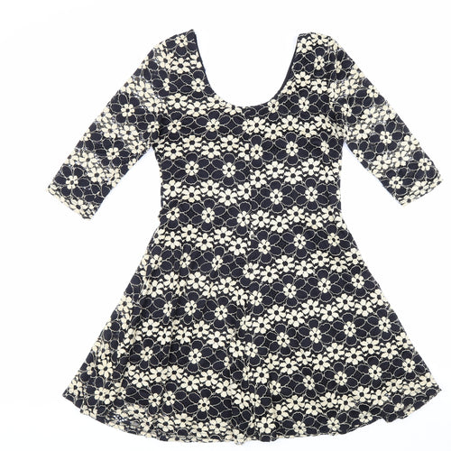 Izabel Womens Black Floral Polyester Skater Dress Size 8 Scoop Neck Pullover