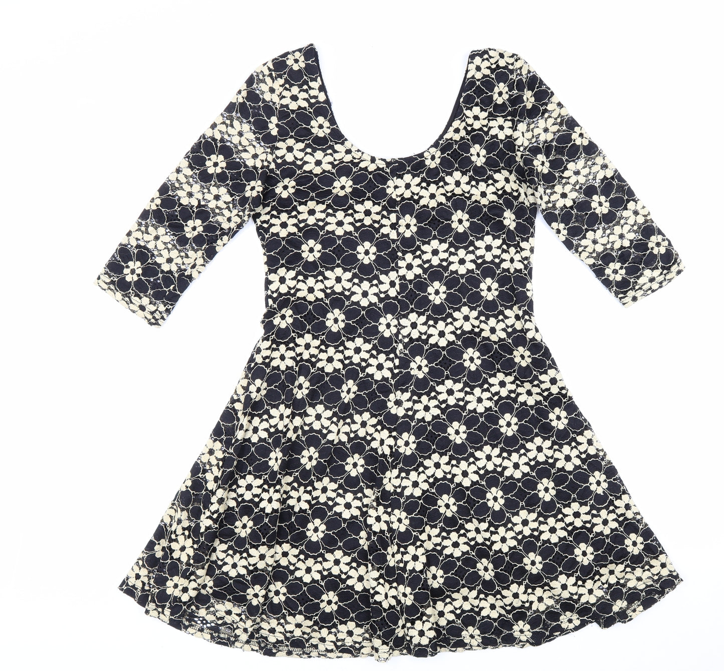 Izabel Womens Black Floral Polyester Skater Dress Size 8 Scoop Neck Pullover