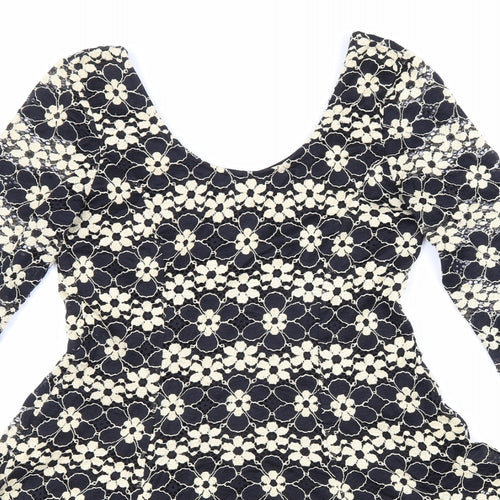 Izabel Womens Black Floral Polyester Skater Dress Size 8 Scoop Neck Pullover