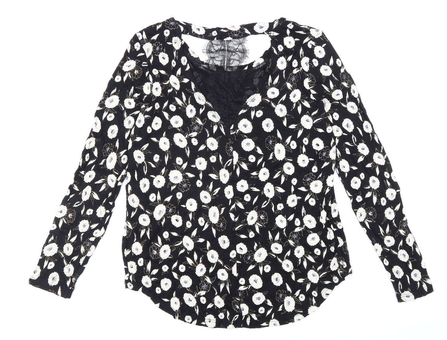 NEXT Womens Black Floral Viscose Basic Blouse Size 6 Boat Neck - Cut Out