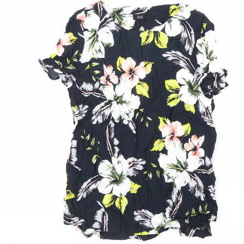 F&F Womens Black Floral Viscose Basic Blouse Size 10 Boat Neck
