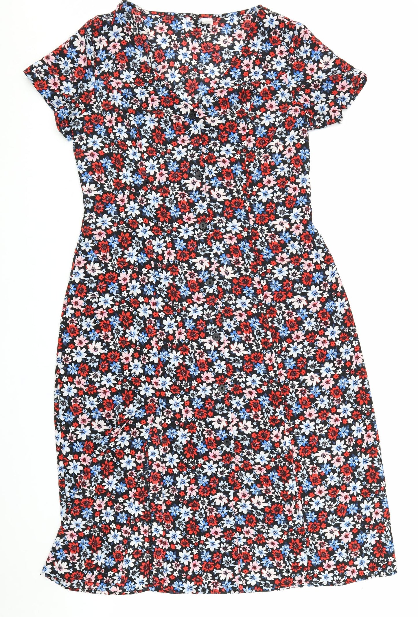Divided Womens Multicoloured Floral Polyester T-Shirt Dress Size 16 Round Neck Button