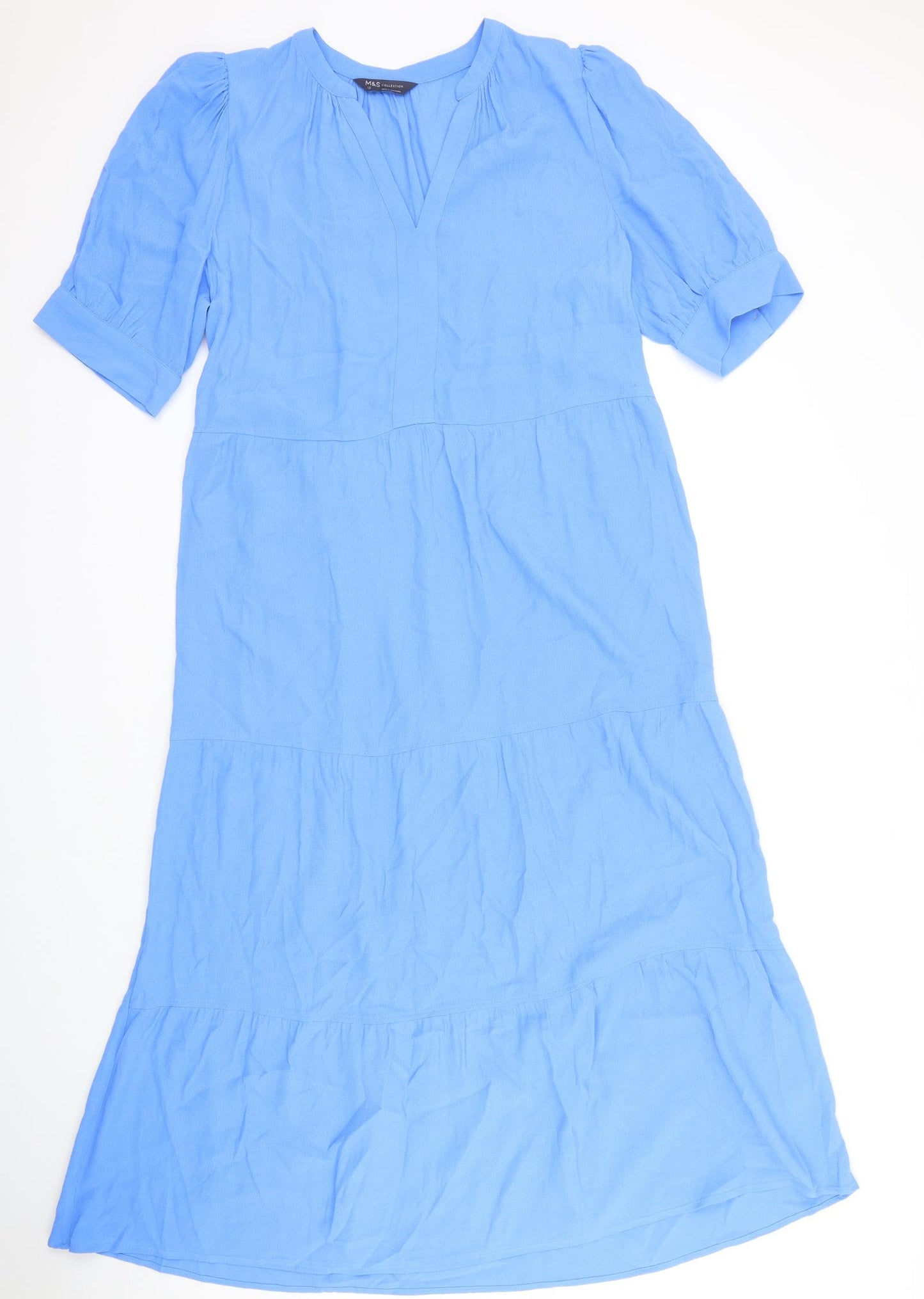 Marks and Spencer Womens Blue Viscose A-Line Size 12 V-Neck Pullover - Tiered