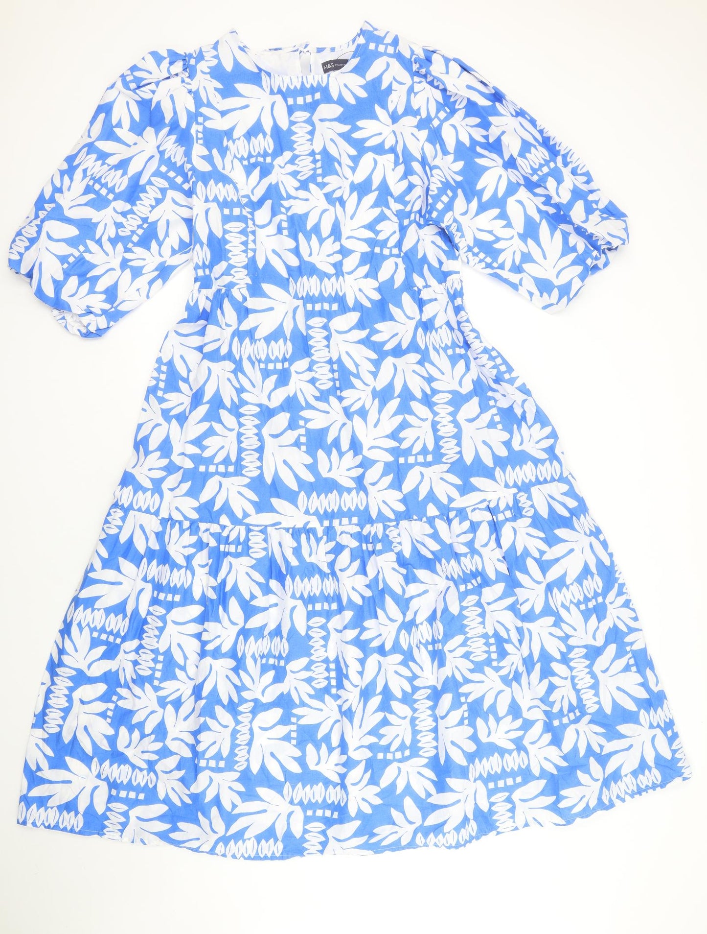 Marks and Spencer Womens Blue Geometric 100% Cotton A-Line Size 14 Round Neck Tie - Leaf Pattern