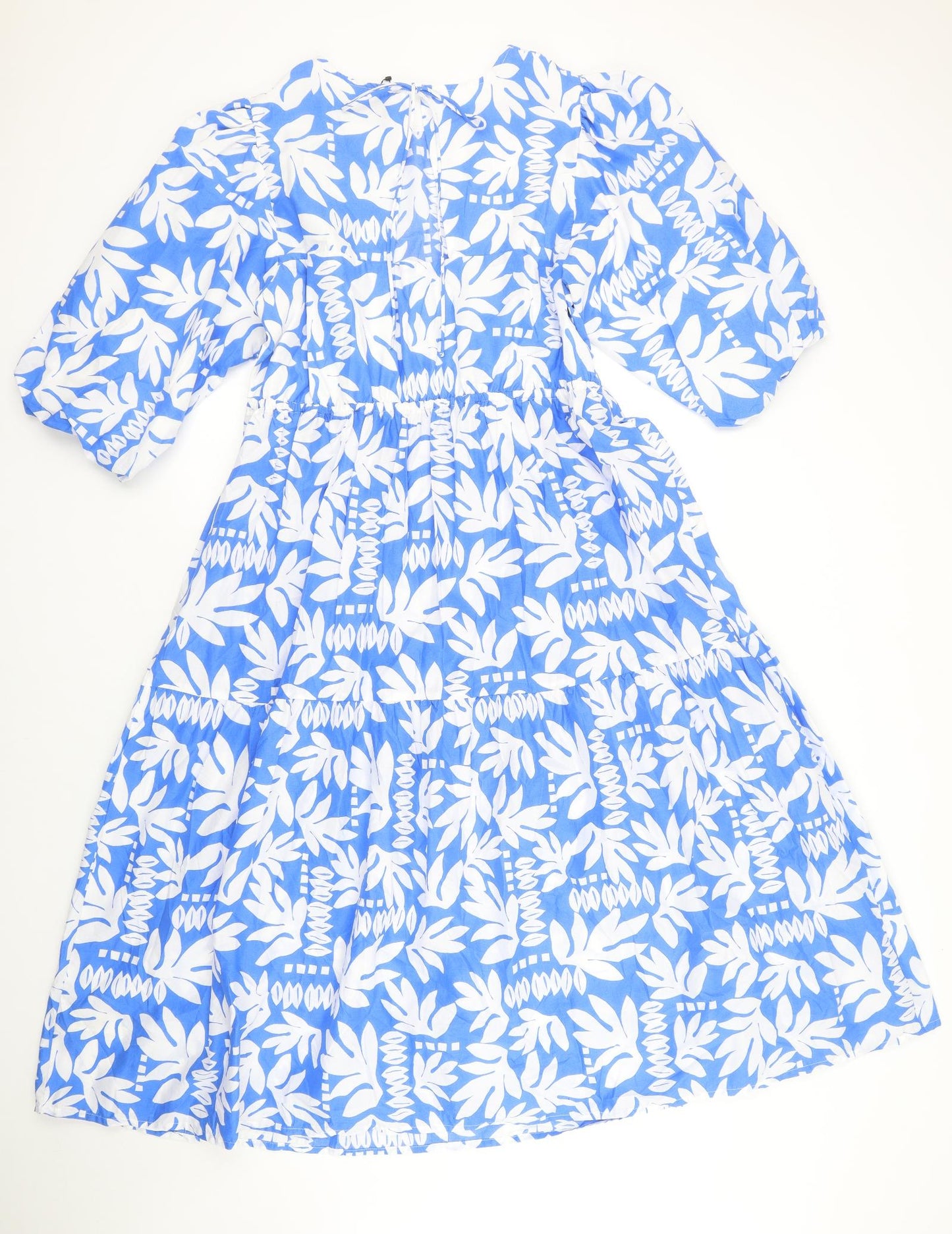 Marks and Spencer Womens Blue Geometric 100% Cotton A-Line Size 14 Round Neck Tie - Leaf Pattern