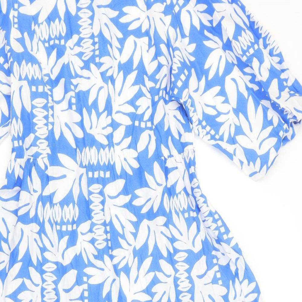 Marks and Spencer Womens Blue Geometric 100% Cotton A-Line Size 14 Round Neck Tie - Leaf Pattern