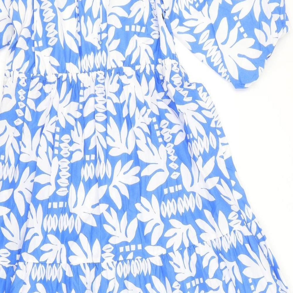 Marks and Spencer Womens Blue Geometric 100% Cotton A-Line Size 14 Round Neck Tie - Leaf Pattern