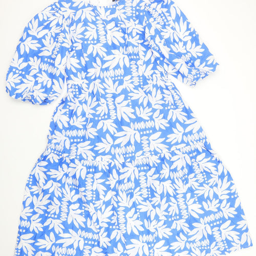 Marks and Spencer Womens Blue Geometric 100% Cotton A-Line Size 12 Round Neck Tie