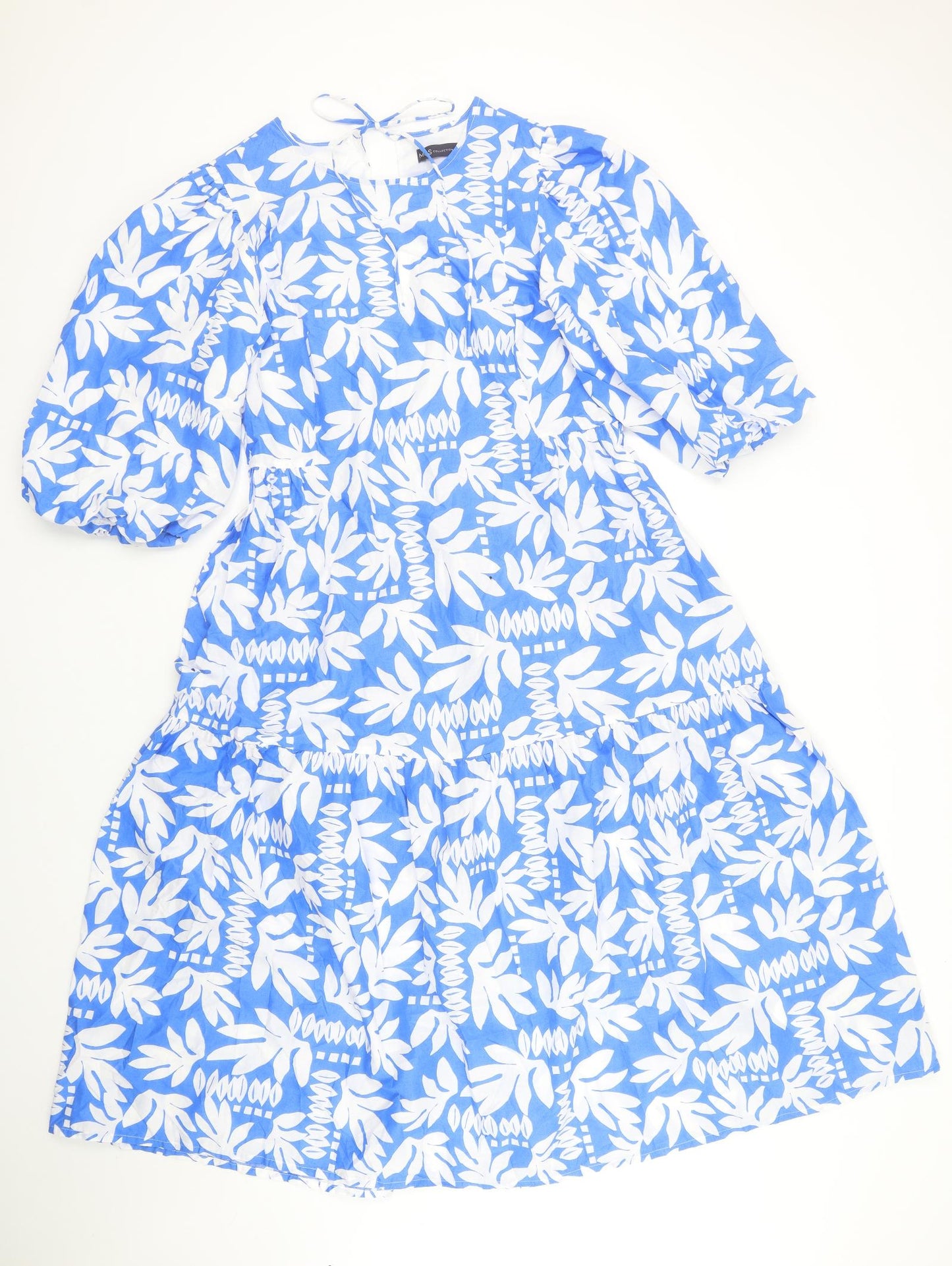 Marks and Spencer Womens Blue Geometric 100% Cotton A-Line Size 12 Round Neck Tie