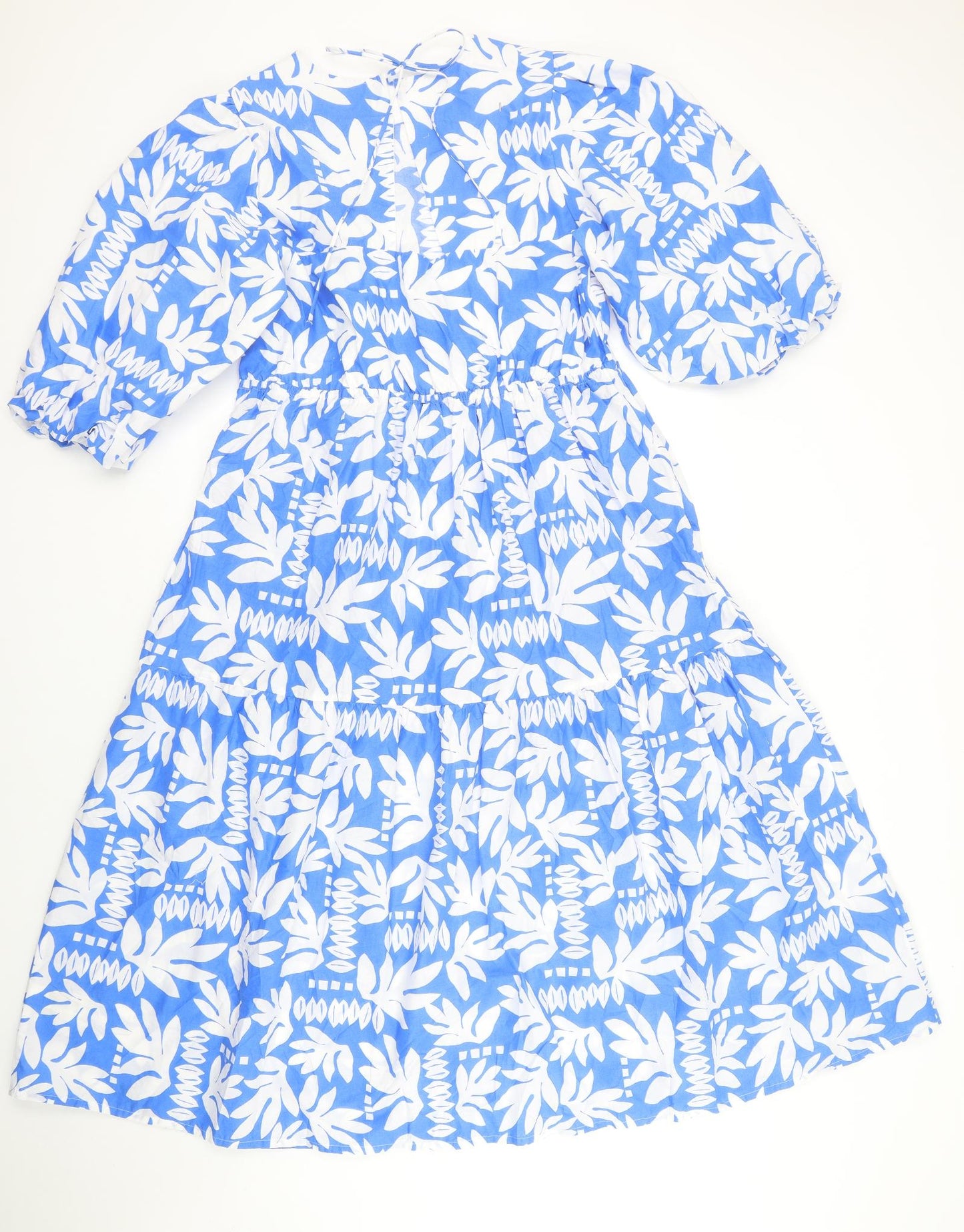 Marks and Spencer Womens Blue Geometric 100% Cotton A-Line Size 12 Round Neck Tie