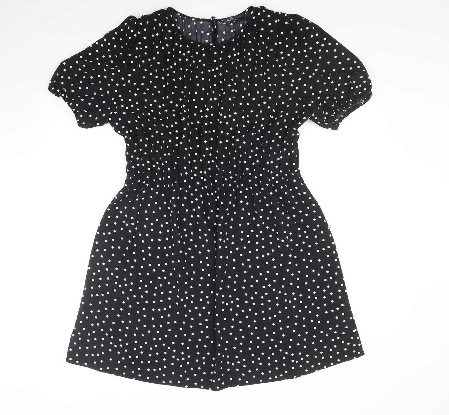 Marks and Spencer Womens Black Polka Dot Polyester Skater Dress Size 14 Round Neck Button