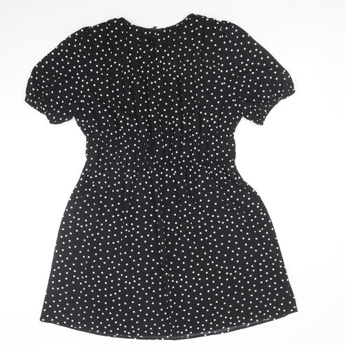 Marks and Spencer Womens Black Polka Dot Polyester Skater Dress Size 14 Round Neck Button