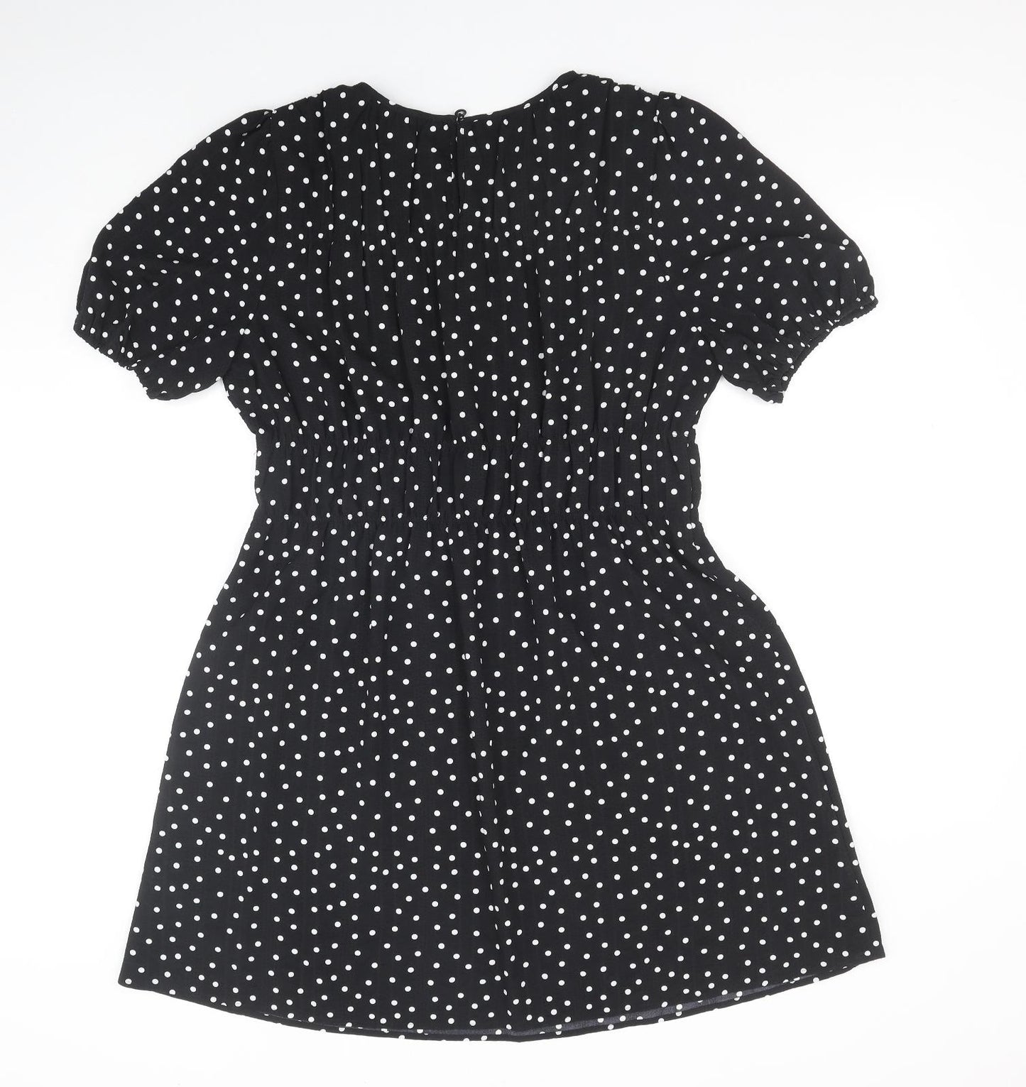 Marks and Spencer Womens Black Polka Dot Polyester Skater Dress Size 14 Round Neck Button