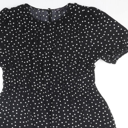 Marks and Spencer Womens Black Polka Dot Polyester Skater Dress Size 14 Round Neck Button