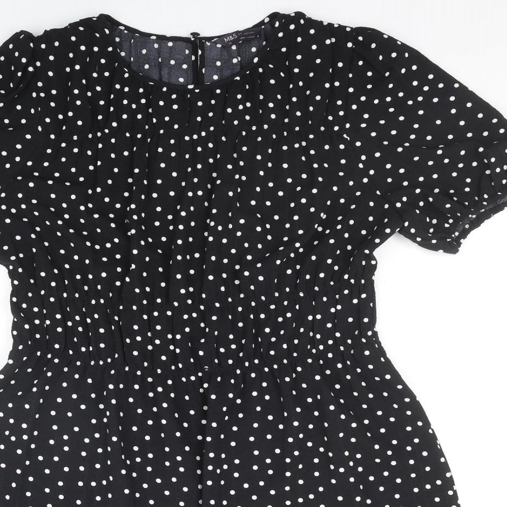 Marks and Spencer Womens Black Polka Dot Polyester Skater Dress Size 14 Round Neck Button