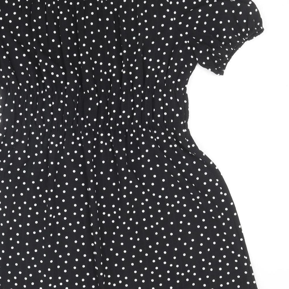 Marks and Spencer Womens Black Polka Dot Polyester Skater Dress Size 14 Round Neck Button