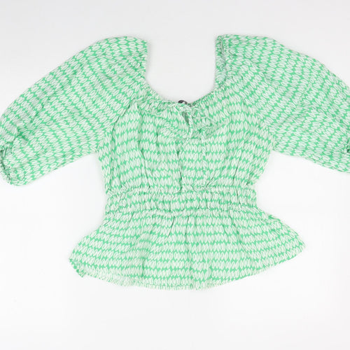 Marks and Spencer Womens Green Geometric Viscose Basic Blouse Size 10 Scoop Neck - Shirred Waist