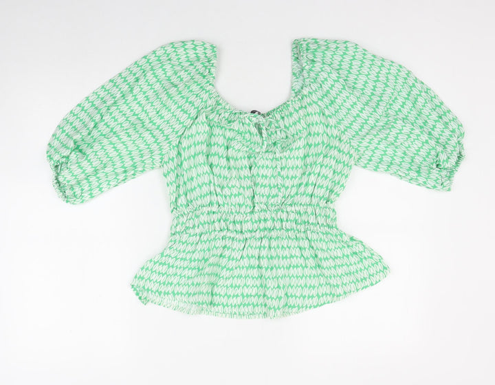 Marks and Spencer Womens Green Geometric Viscose Basic Blouse Size 10 Scoop Neck - Shirred Waist