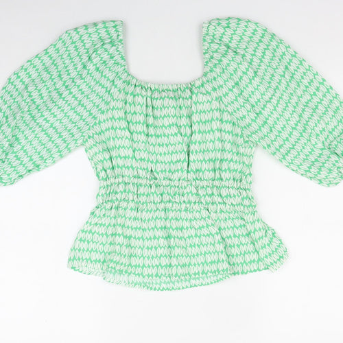 Marks and Spencer Womens Green Geometric Viscose Basic Blouse Size 10 Scoop Neck - Shirred Waist