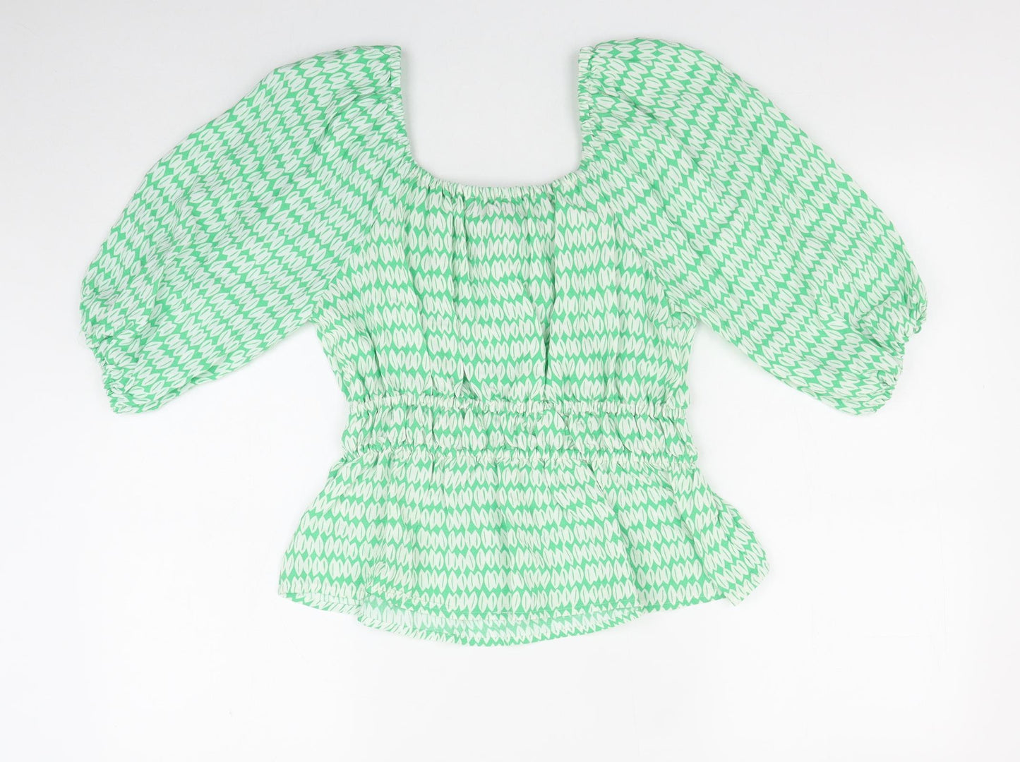 Marks and Spencer Womens Green Geometric Viscose Basic Blouse Size 10 Scoop Neck - Shirred Waist