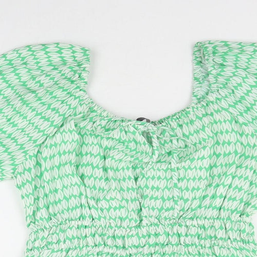Marks and Spencer Womens Green Geometric Viscose Basic Blouse Size 10 Scoop Neck - Shirred Waist
