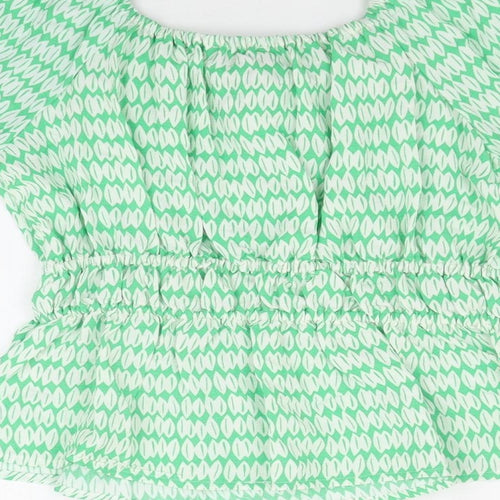 Marks and Spencer Womens Green Geometric Viscose Basic Blouse Size 10 Scoop Neck - Shirred Waist